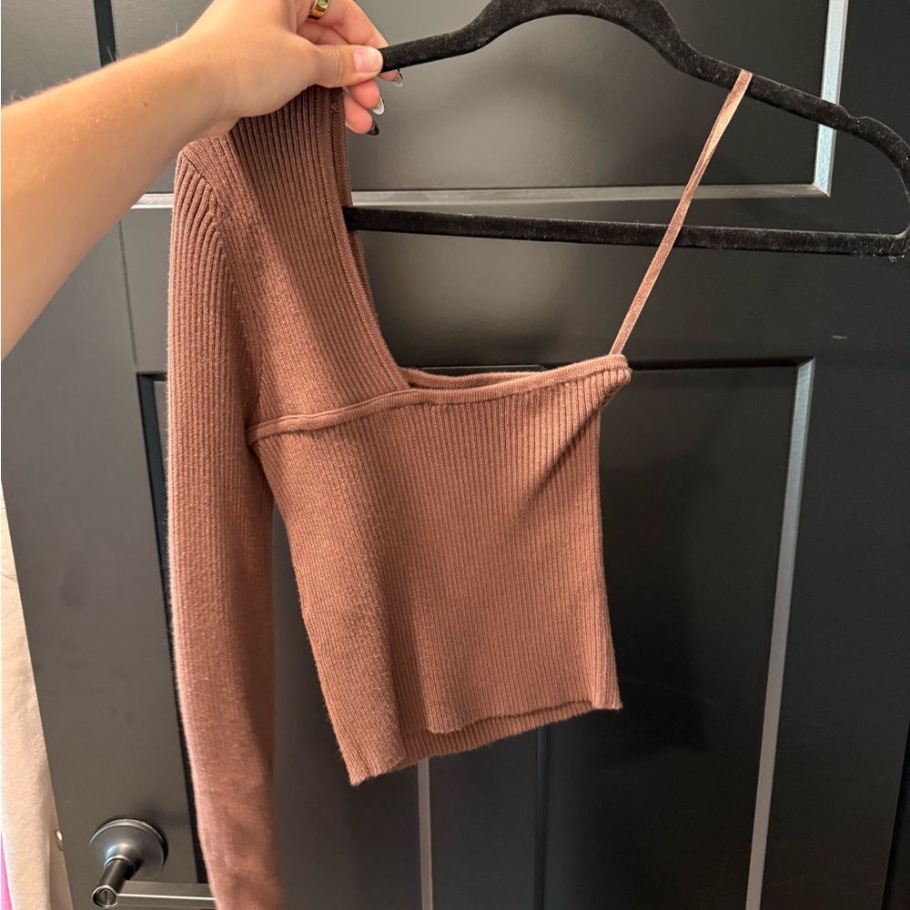 Brown Ribbed One-Shoulder Top